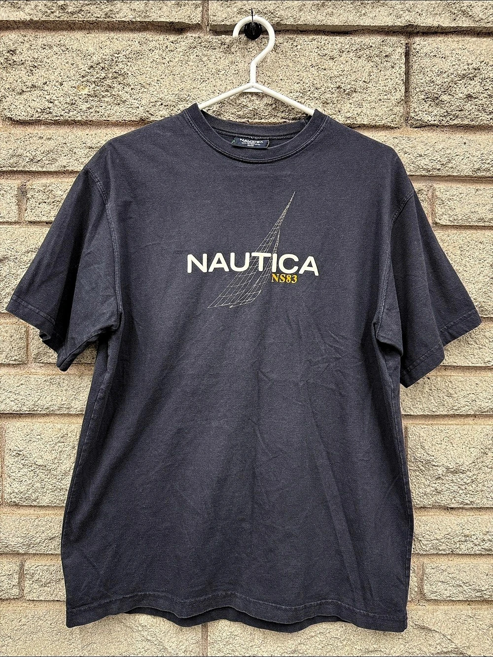 Vintage Nautica NS83 Sailing Logo T-Shirt Men’s Medium Made in Canada Navy Y2K